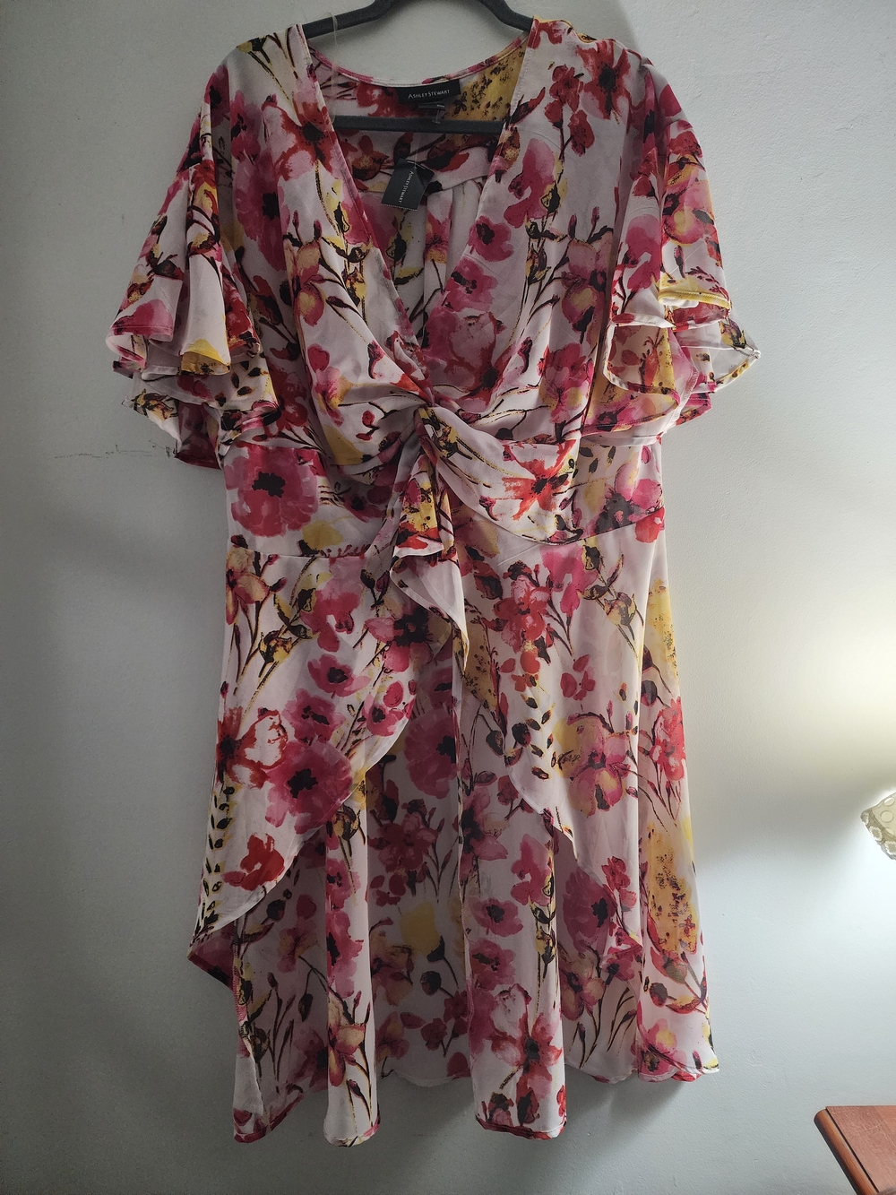 NWT Ashley Stewart Pink & Yellow Floral Twist-Front Mini Dress